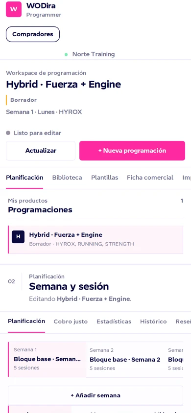 Editor real de WODira Coach con una programación de demostración.
