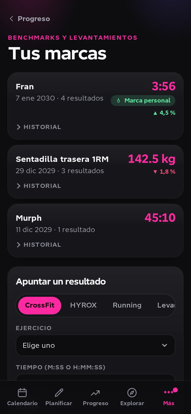 Historial de marcas personales del atleta de demostración.